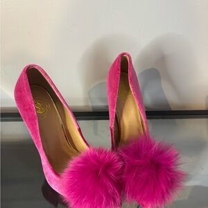 Elegant Pink Women's Shoes with Fluffy Pom-Poms